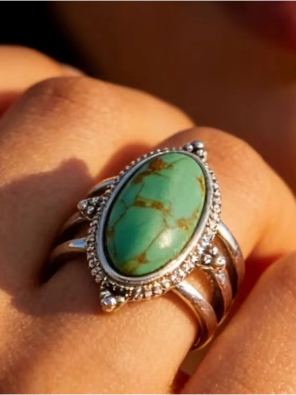 Turquoise Oval Stone Silver Ring - Green Turquoise Statement Ring